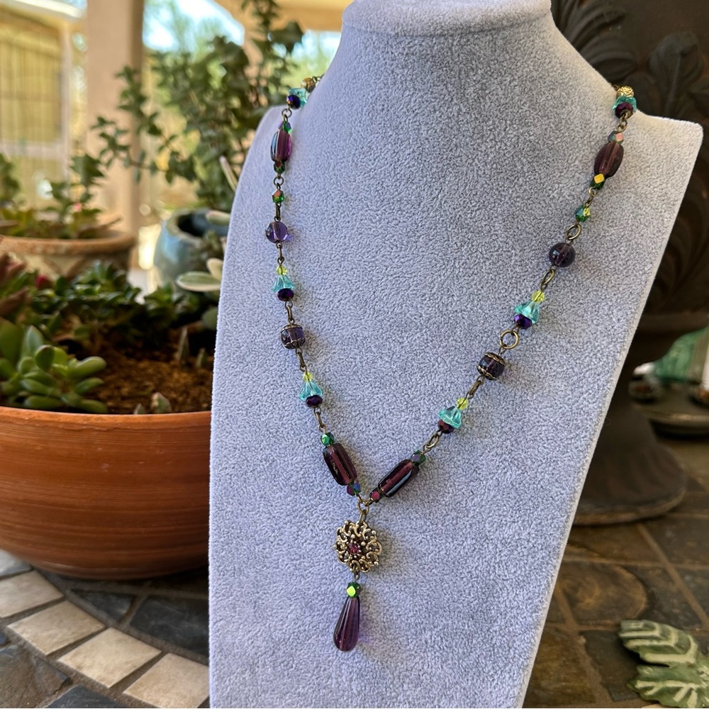 New - Hand Crafted Necklace - Purple, Green & Aqua, Repurposed Vintage Pendant